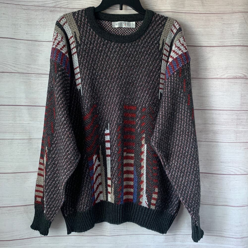 Vintage Jantzen Men's Knit Sweater Multicolor 90s Long Sleeve Pullover Size L